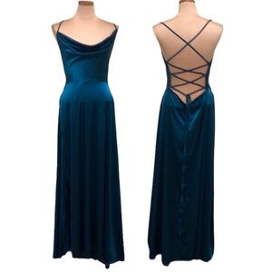 Lulu’s Formal Gown Maxi Dress Size Large Teal Cowl Neck Lace Up Corset Back Slit